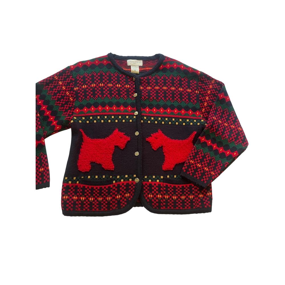 Vtg Casual Corner Scottie Dog Fair Isle Cardigan Sweater Medium Christmas M
